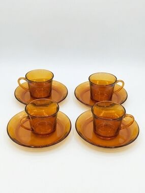 Vintage Duralex France Amber Glass Tea  Coffee Cups + Saucers - Set of 4